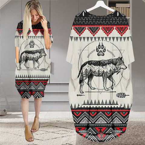 PBT-0043v3 Wolf Native American Batwing Pocket Dress