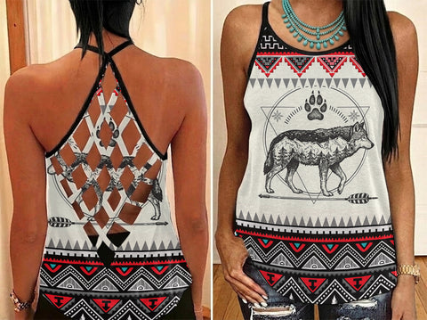 PBT-0043v3 Wolf Native American Criss-Cross Open Back Tank Top