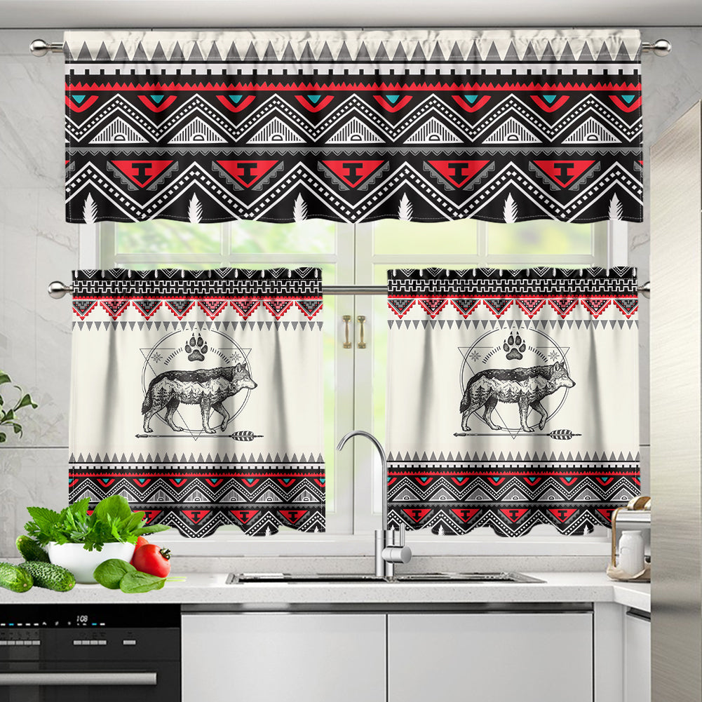 PBT-0043v3 Wolf Native American Curtain Valance and Kitchen Tiers Set
