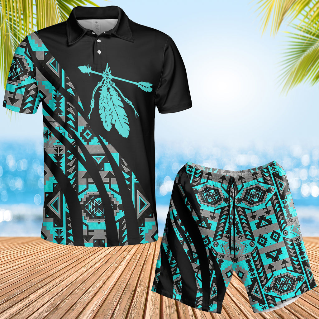 PLSH250122M15 Blue Arrow Feather Native American Combo Save Polo Shirt and Shorts 3D