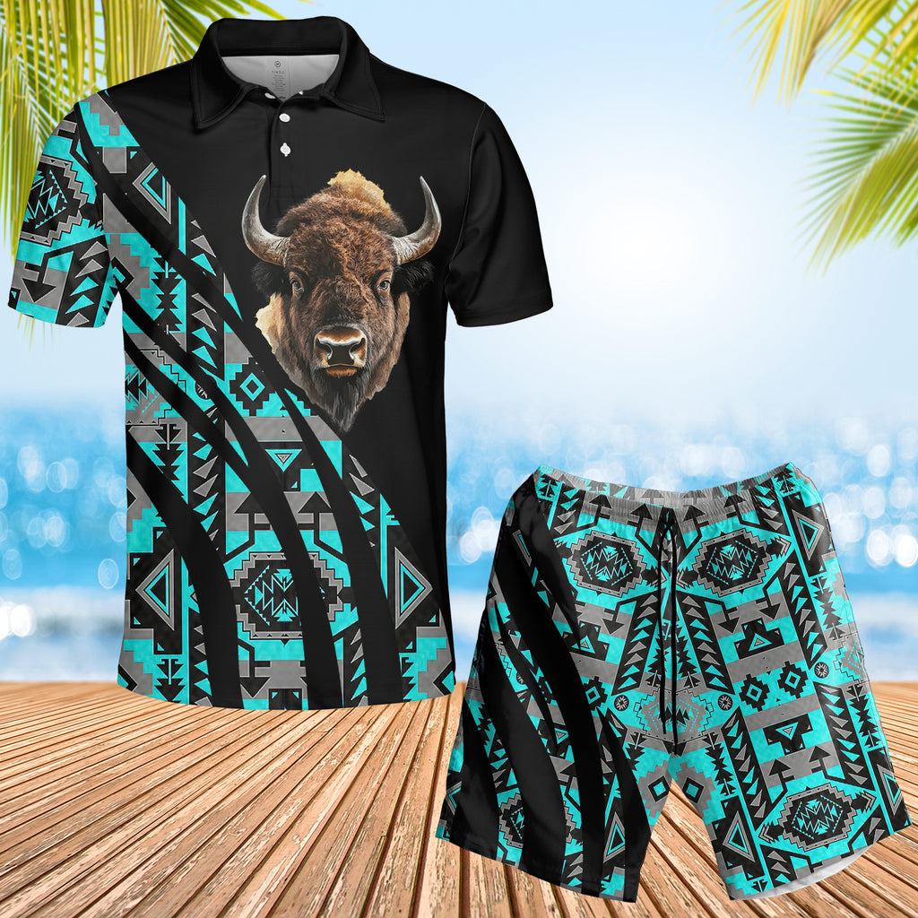 PLSH250122M16 Bison Native American Combo Save Polo Shirt and Shorts 3D