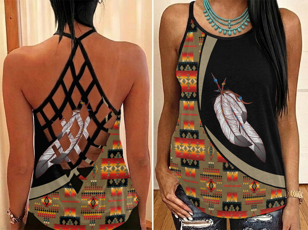 POLO0007 Feather Native American Criss-Cross Open Back Tank Top