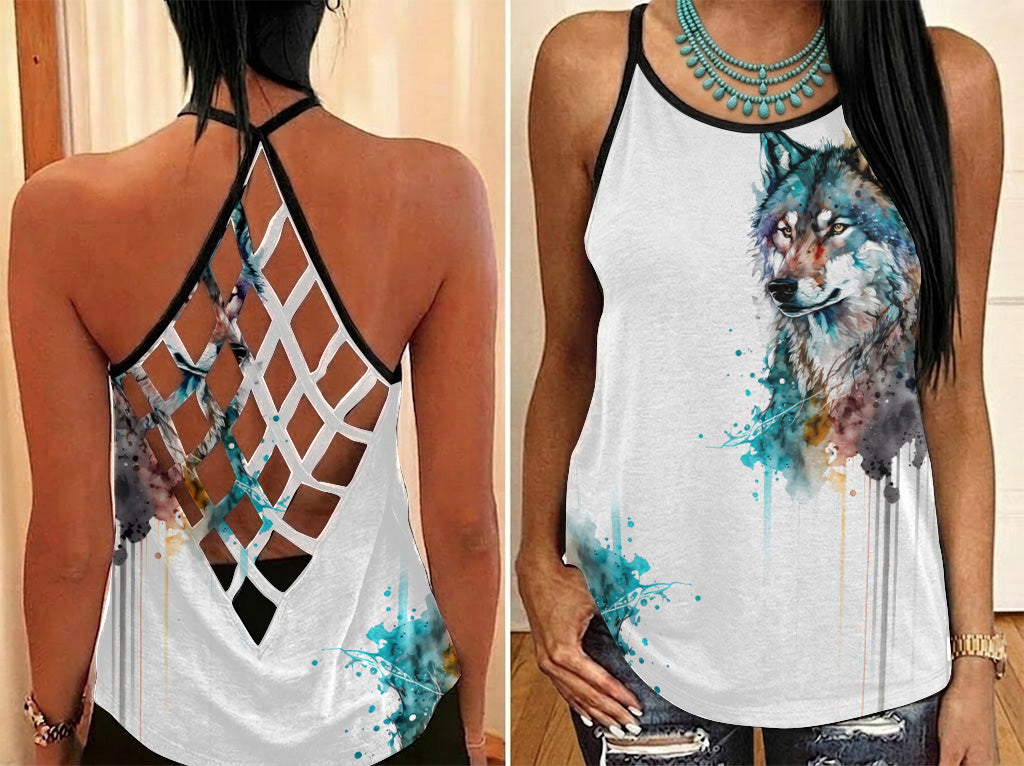 POLO0056 Wolf Native American Criss-Cross Open Back Tank Top