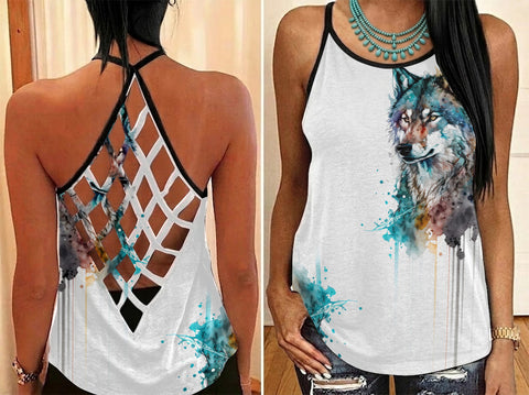 POLO0056 Wolf Native American Criss-Cross Open Back Tank Top