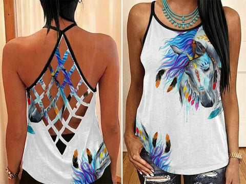 POLO0059 Horse Native American Criss-Cross Open Back Tank Top