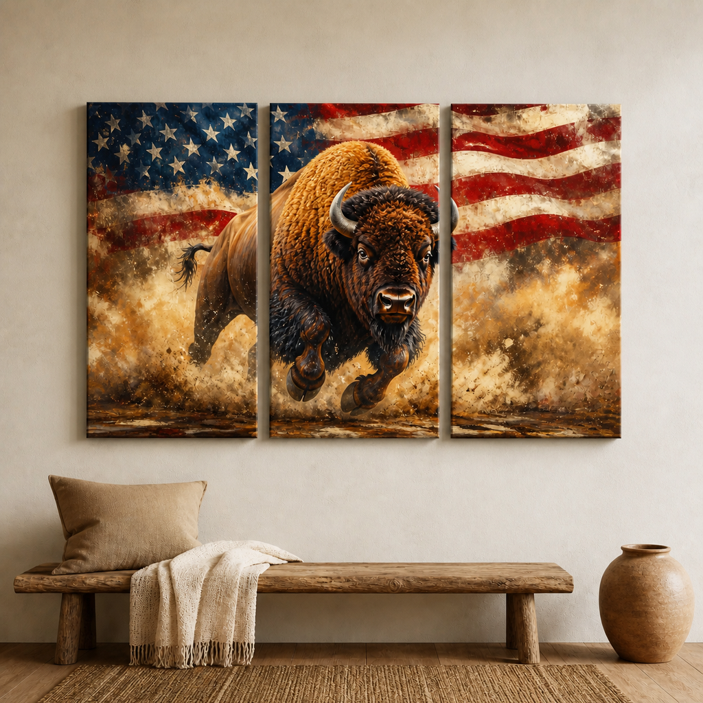 Patriotic Buffalo Run Canvas Wall Art 3PCS No Frame CVm17