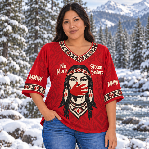 Portrait Red Handprint Native American-Inspired Women's V-Neck 3-Quarter Sleeve Top WVS041