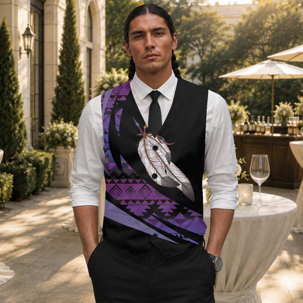 Purple Pattern Feather Native American Suit Vest Jacket Print Front & Back GB-HW000732