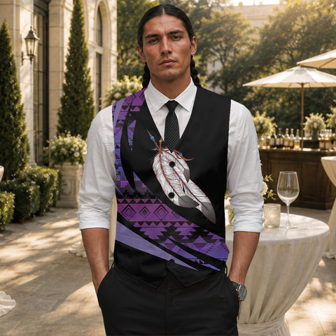 Purple Pattern Feather Native American Suit Vest Jacket Print Front & Back GB-HW000732