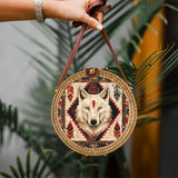 RB250213M15 Wolf Pattern Native American Round Rattan Bag