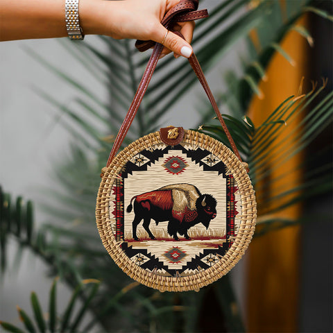 RB250213M17 Bison Pattern Native American Round Rattan Bag