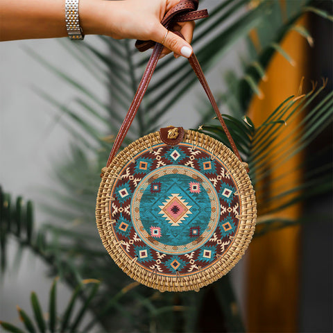 RB250213M19 Turquoise Pattern Native American Round Rattan Bag