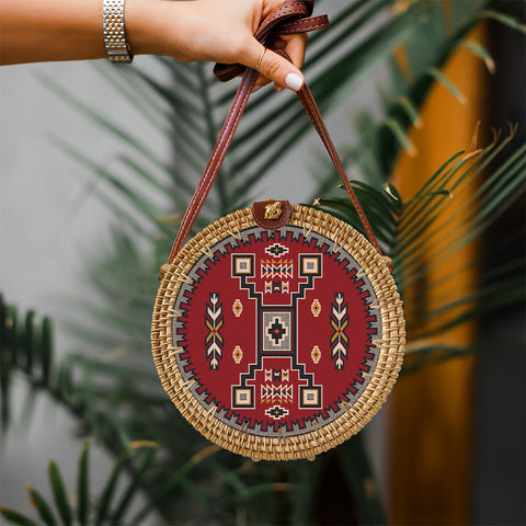 RB250213M20 Red Pattern Native American Round Rattan Bag