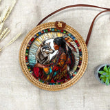 RB250219M02 Lady and Wolf Native American Round Rattan Bag