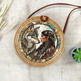 RB250219M03 Lady and Wolf Native American Round Rattan Bag