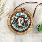 RB250219M06 Bison Skull Native American Round Rattan Bag