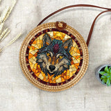 RB250219M08 Wolf Head Native American Round Rattan Bag