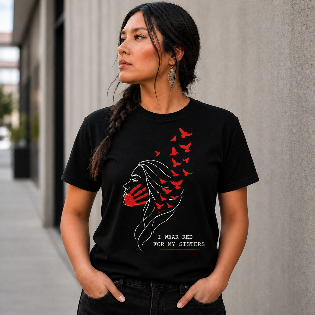 Red Birds Line Art Graphic Native American-Inspired 2D T-Shirt TSm041