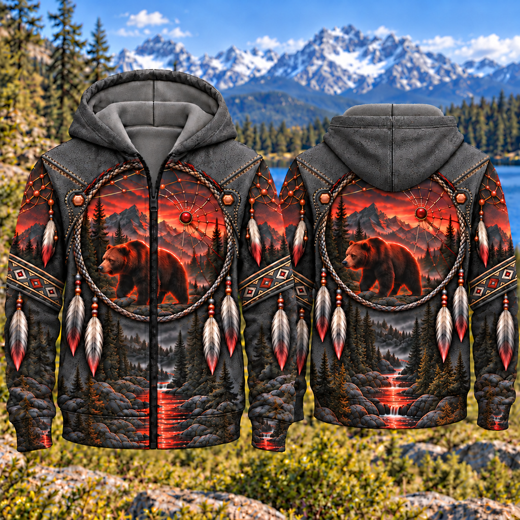 Red Glow Bear Dreamcatcher Native American-Inspired 3D Fleece Hoodie HWm047