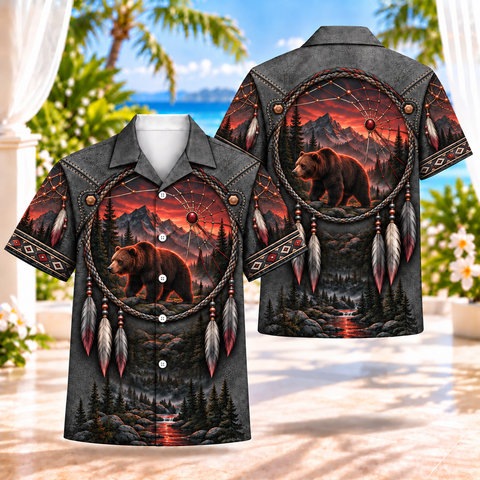 Red Glow Bear Dreamcatcher Native American-Inspired 3D Hawaiian Shirt HWm047