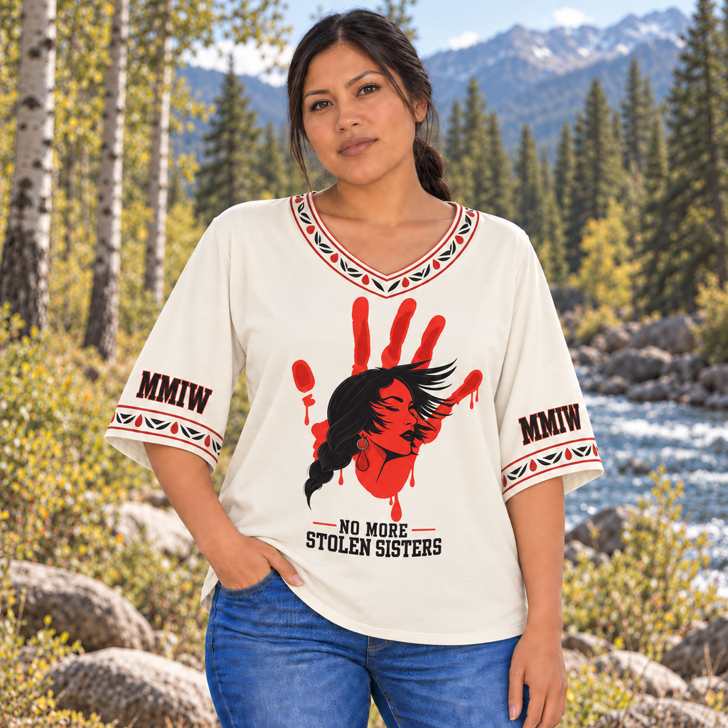 Red Hand Portrait Native American-Inspired Women's V-Neck 3-Quarter Sleeve Top WVS045