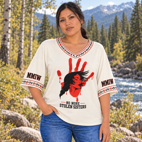 Red Hand Portrait Native American-Inspired Women's V-Neck 3-Quarter Sleeve Top WVS045