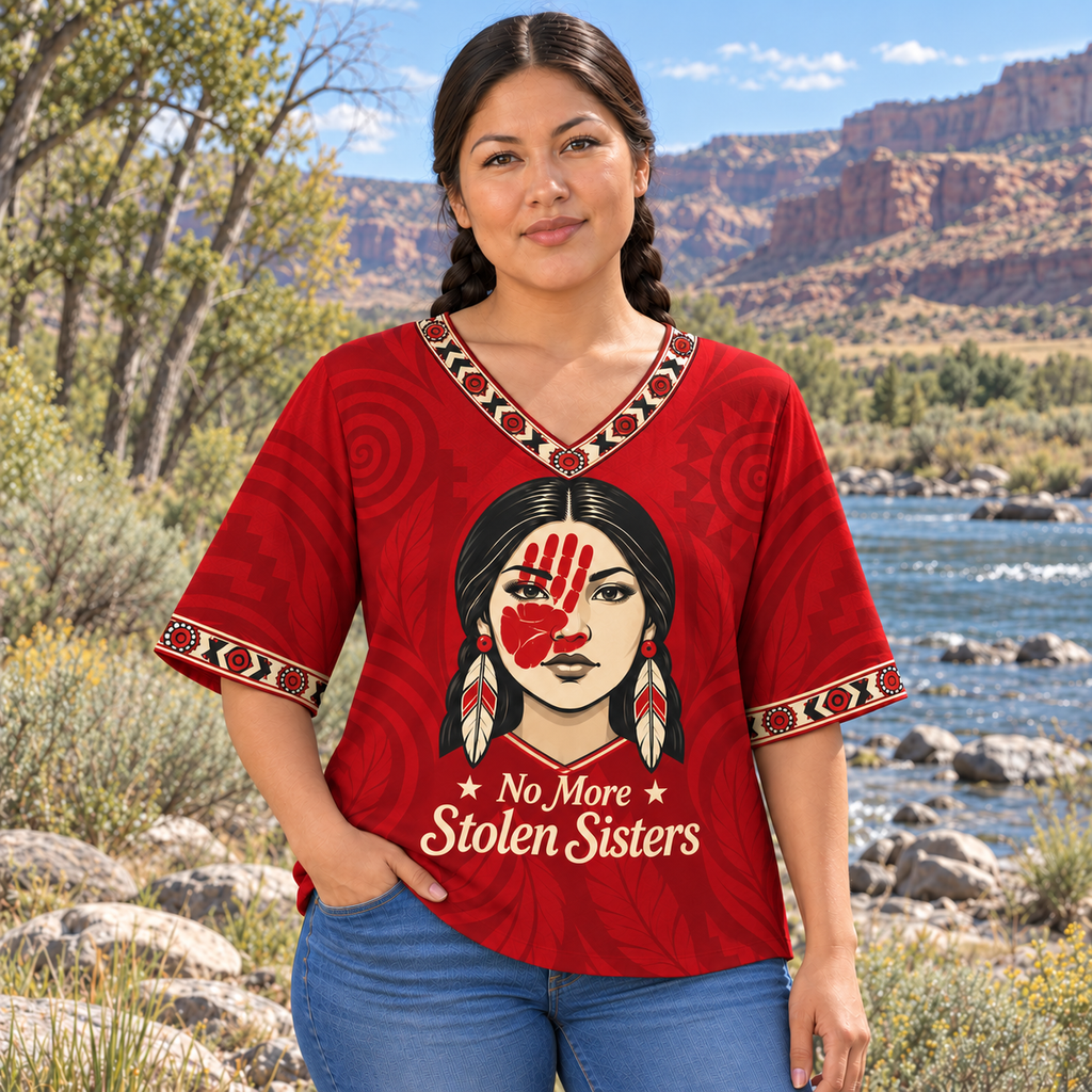 Red Handprint Native American-Inspired Women's V-Neck 3-Quarter Sleeve Top WVS040