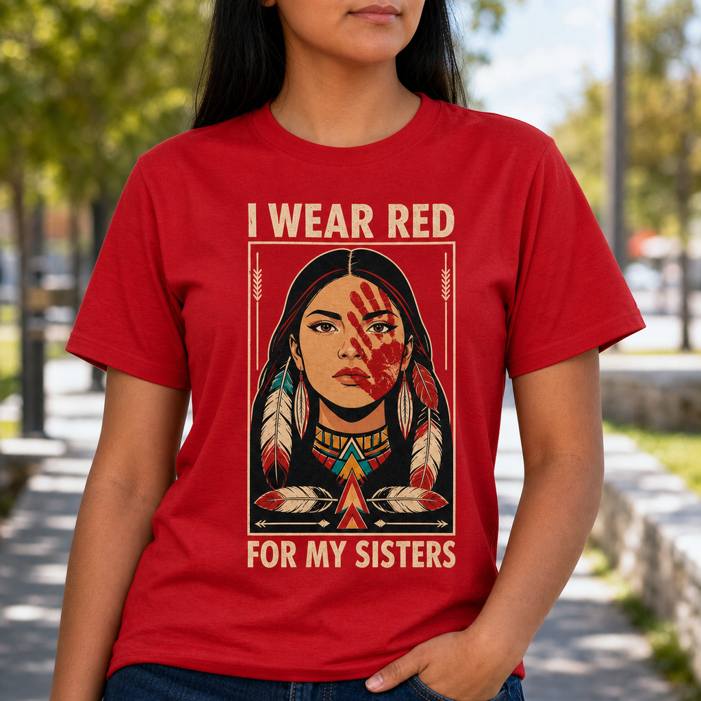Red Handprint Portrait Native American-Inspired 2D T-Shirt TSm017