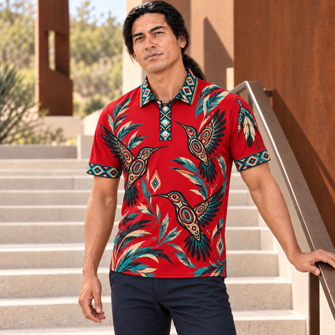 Red Hummingbird Art Native American-Inspired Polo T-Shirt 3D PLm045