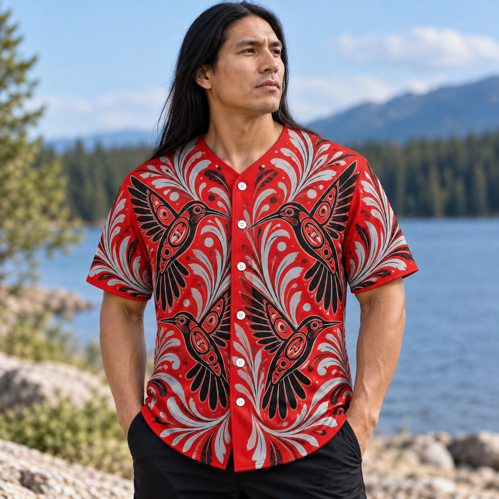 Red Hummingbird Native American-Inspired Baseball Jersey BSm001