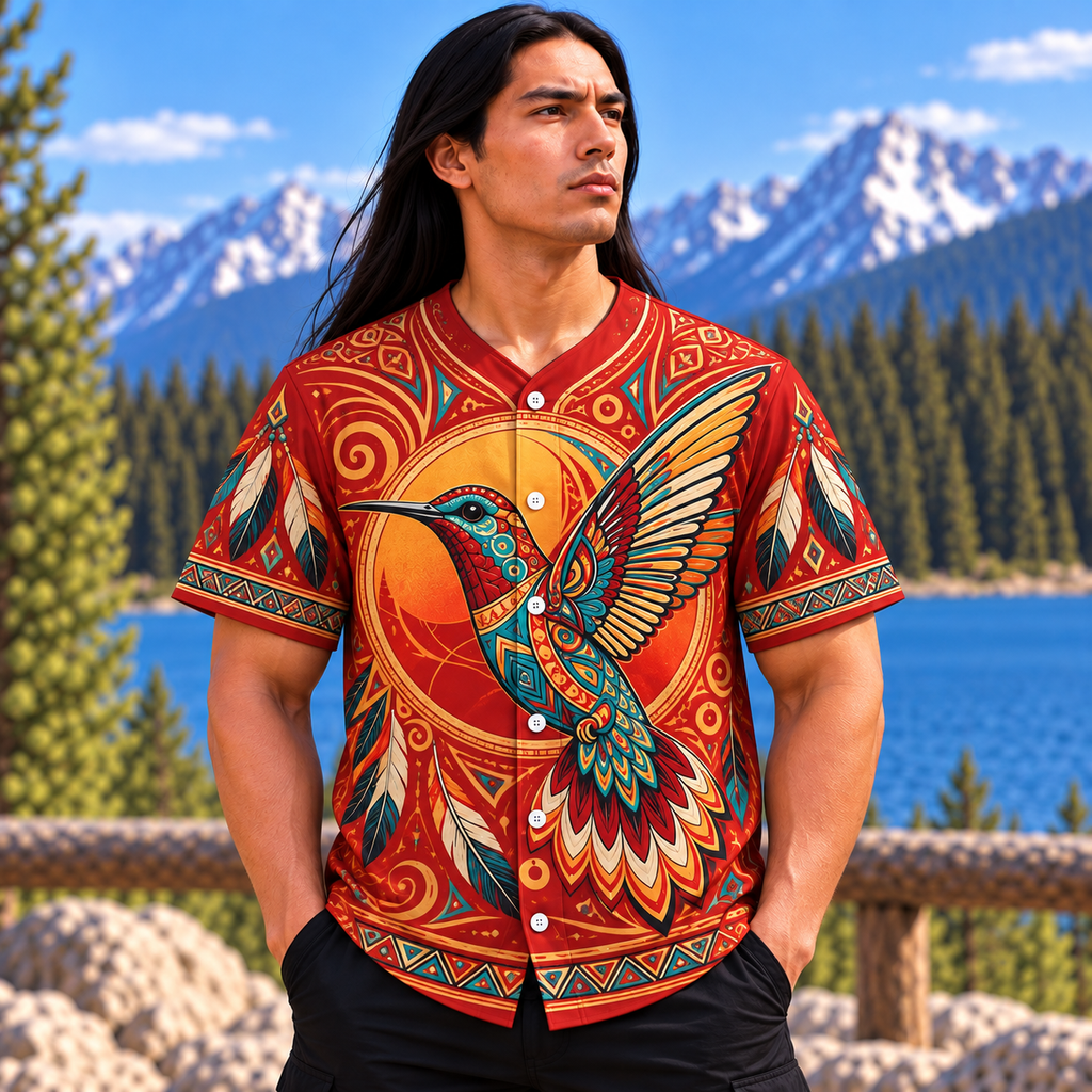 Red Hummingbird Native American-Inspired Baseball Jersey BSm014