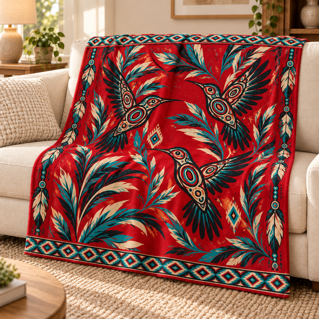 Red Hummingbird Native American-Inspired Blanket BLm018