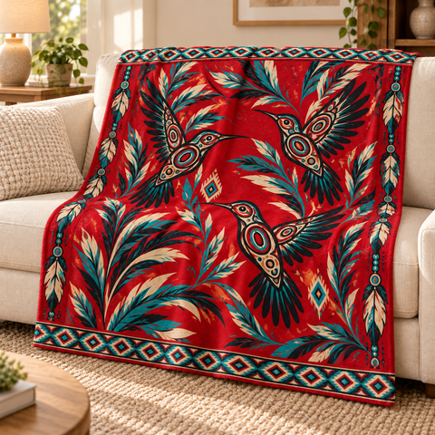 Red Hummingbird Native American-Inspired Blanket BLm018
