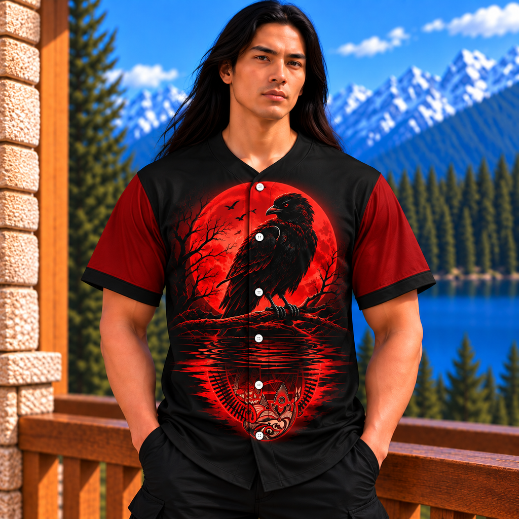 Red Moon Raven Native American-Inspired Baseball Jersey BSm030