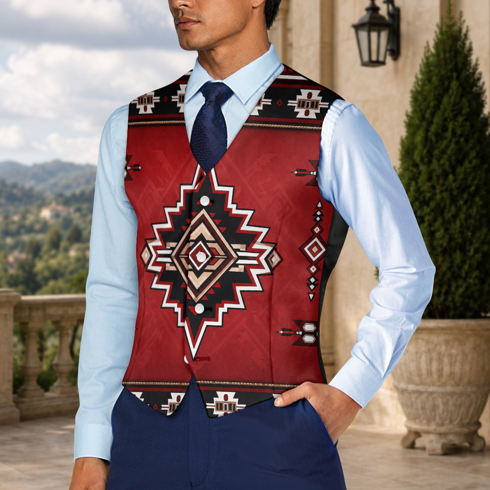 Red Pattern Native American Suit Vest Jacket Print One Side Front DS260729M03