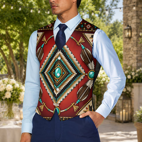 Red Symbol Native American Suit Vest Jacket Print One Side Front DS260730M09