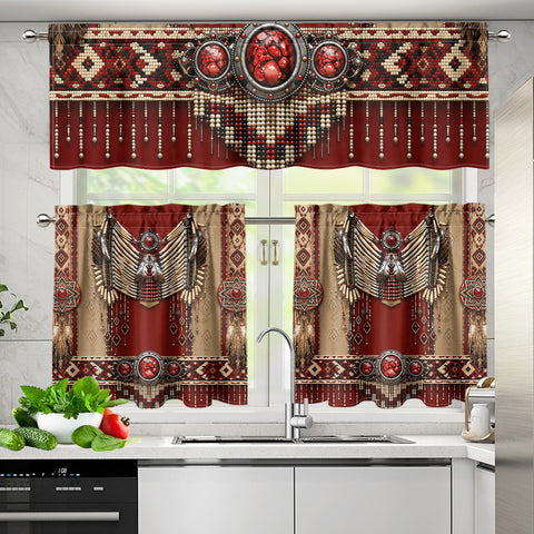 Red and Beige Pattern Native American Curtain Valance and Kitchen Tiers Set DS260724M14