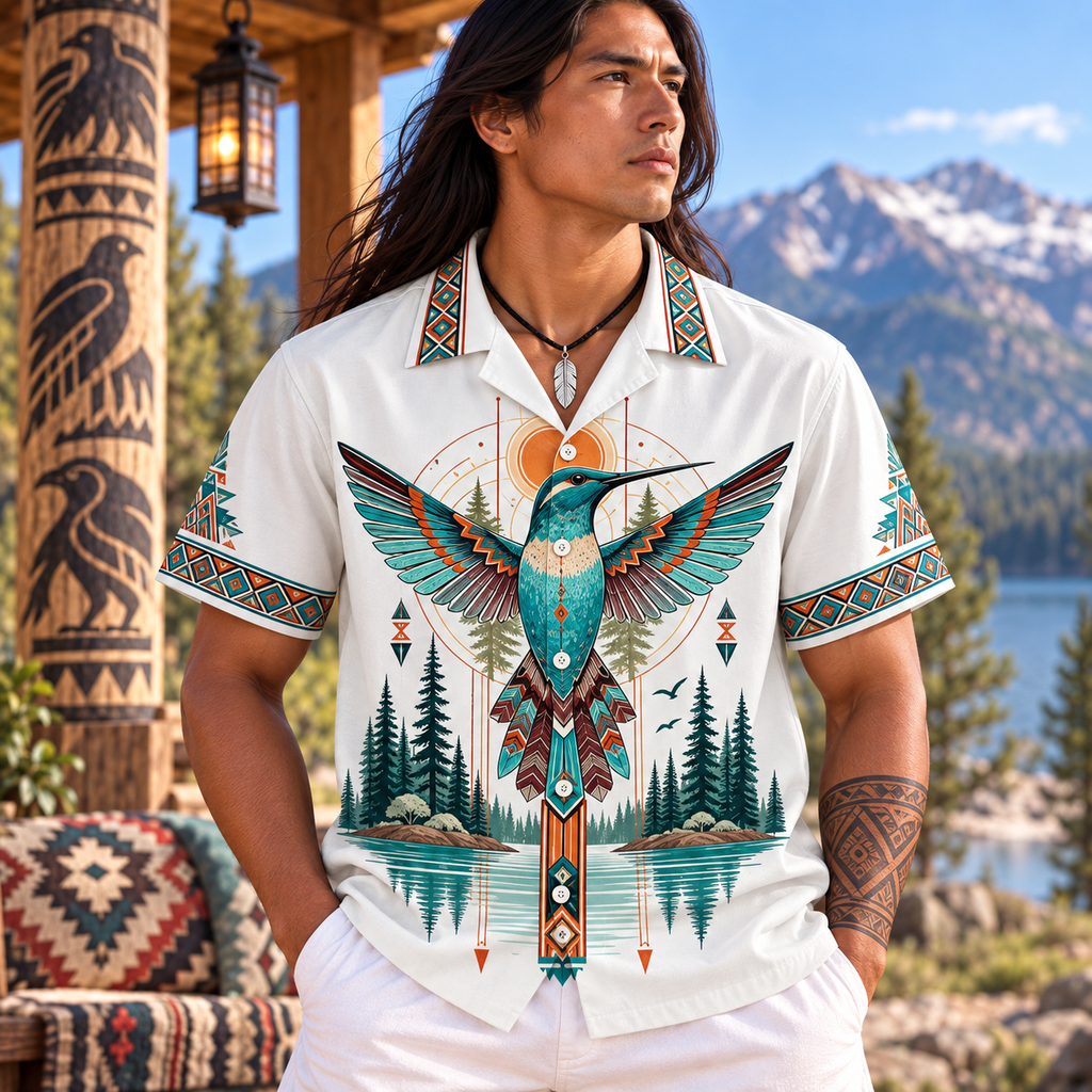 River and Hummingbirds Native American-Inspired 3D Hawaiian Shirt HWm034