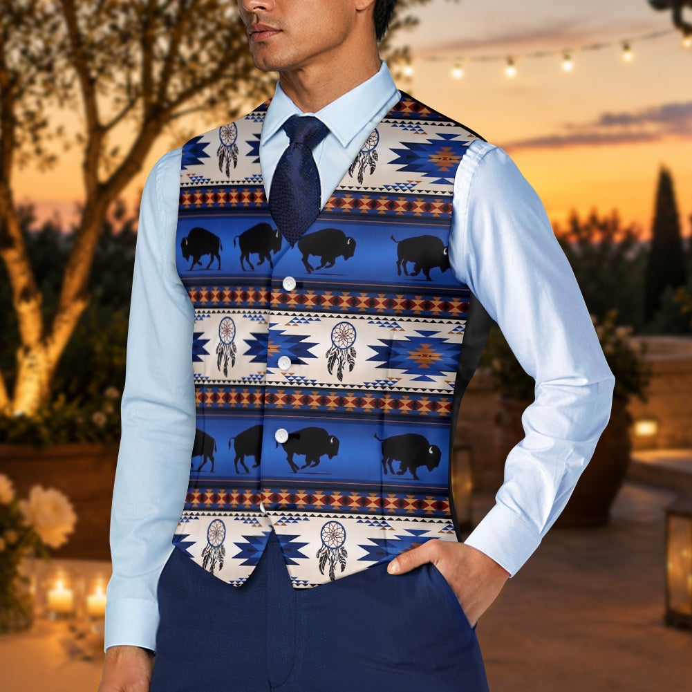Running Bison Native American Suit Vest Jacket Print One Side Front DS260710M03