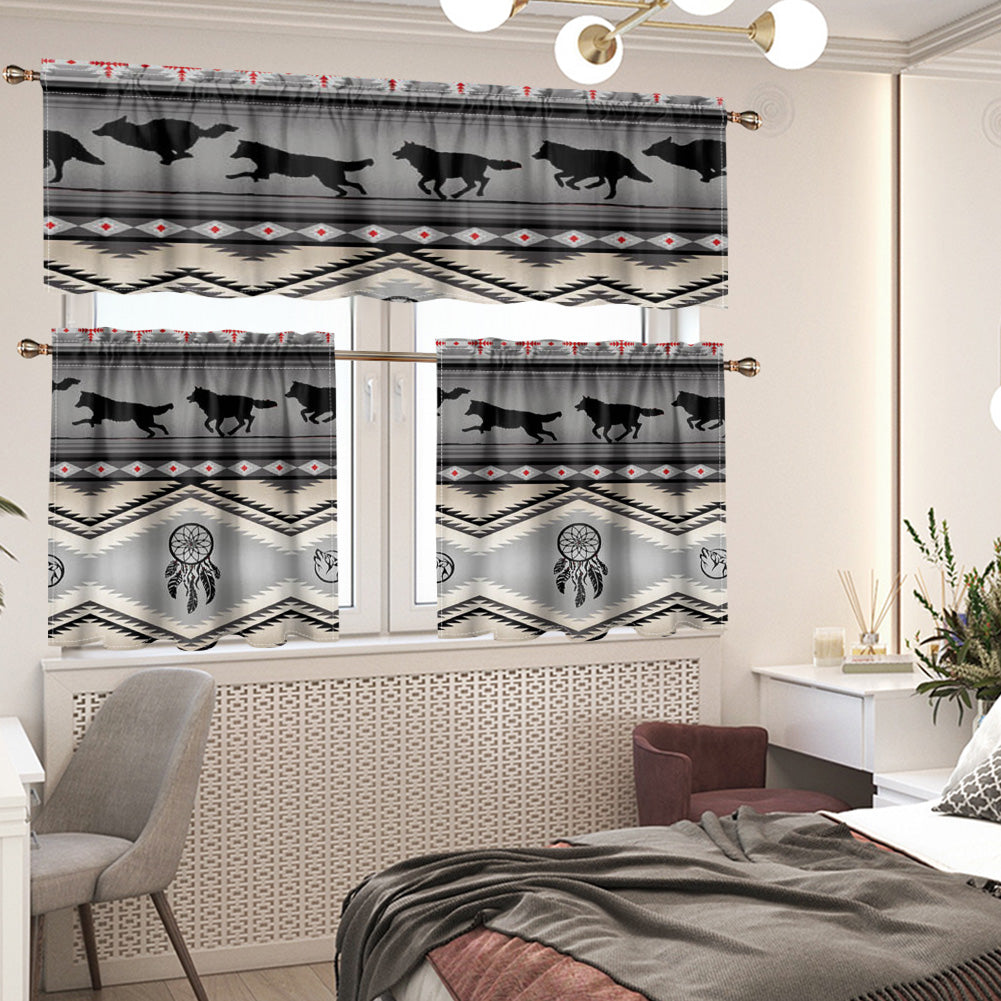 Running Wolves Native American Curtain Valance and Kitchen Tiers Set DS260519M04