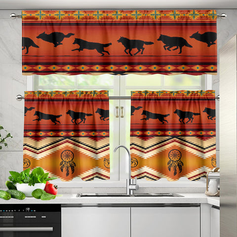 Running Wolves Native American Curtain Valance and Kitchen Tiers Set DS260519M05