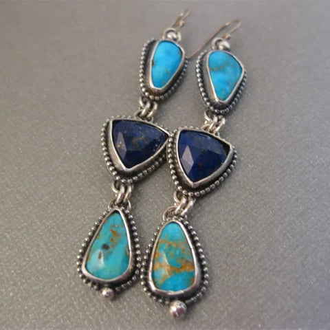 Vintage Boho Triangle Blue Green Stone Earrings – Silver Carved Dangle Hooks