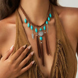 Boho Ethnic Feather Tassel Necklace – Woven Rope Choker with Natural Stone Pendant