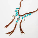 Boho Ethnic Feather Tassel Necklace – Woven Rope Choker with Natural Stone Pendant