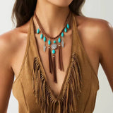 Boho Ethnic Feather Tassel Necklace – Woven Rope Choker with Natural Stone Pendant