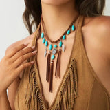 Boho Ethnic Feather Tassel Necklace – Woven Rope Choker with Natural Stone Pendant