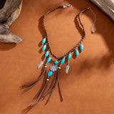 Boho Ethnic Feather Tassel Necklace – Woven Rope Choker with Natural Stone Pendant