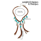 Boho Ethnic Feather Tassel Necklace – Woven Rope Choker with Natural Stone Pendant