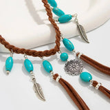 Boho Ethnic Feather Tassel Necklace – Woven Rope Choker with Natural Stone Pendant
