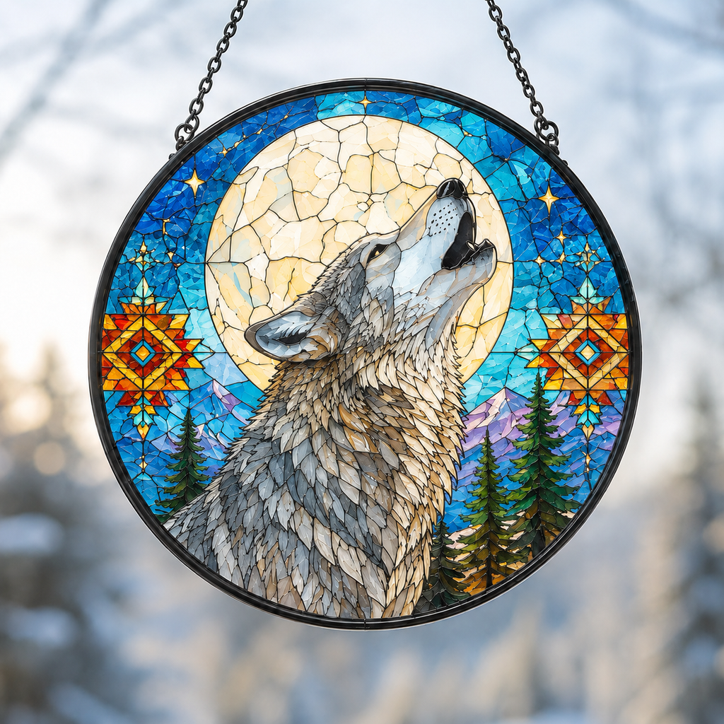 SC004 Wolf Moon Native American Stained Glass Suncatcher